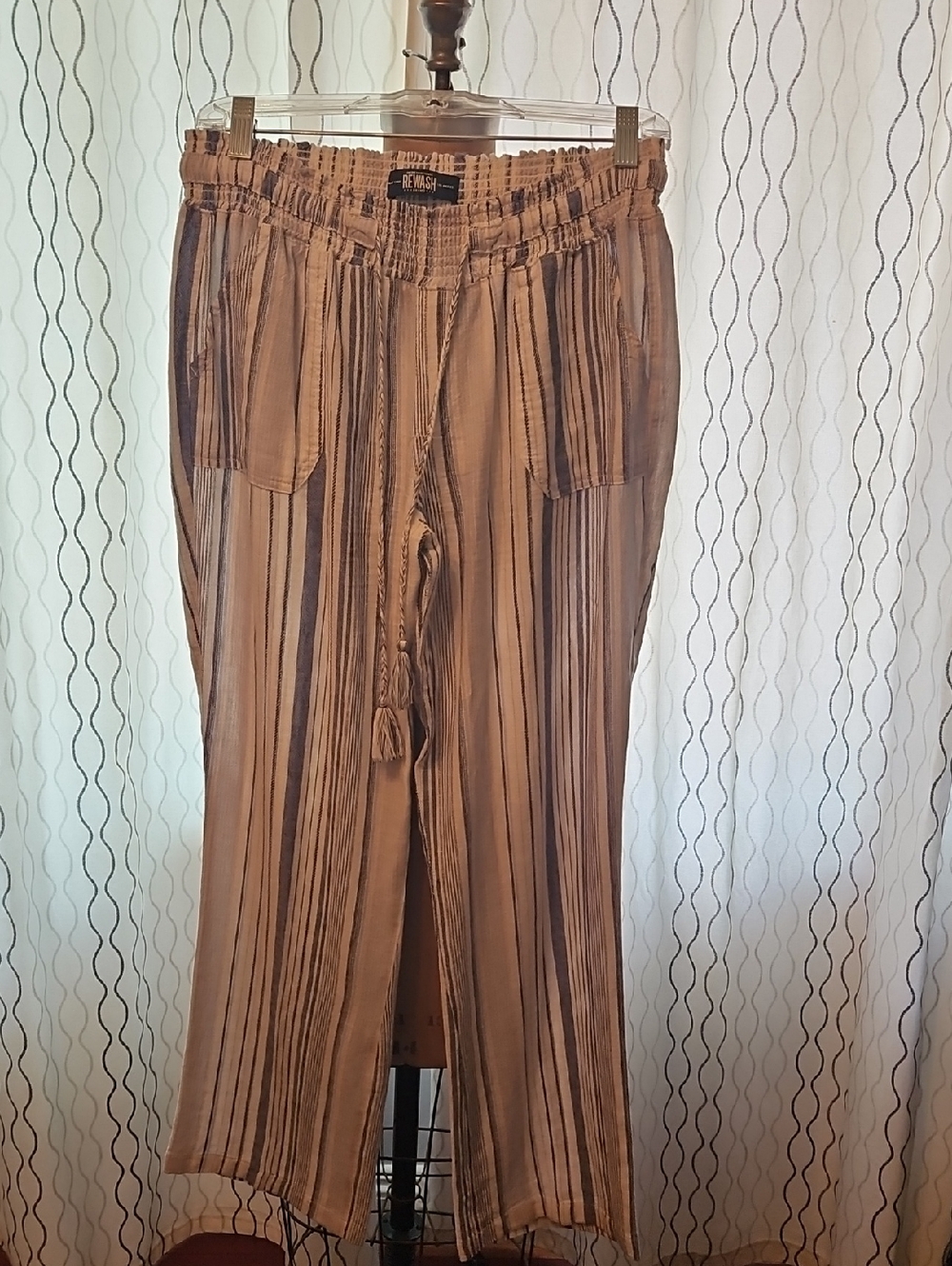 Rewash Striped Textured Fabric Pants  White and Blue Stripe.